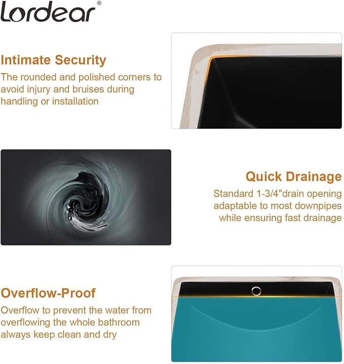 Lordear Undermount Bathroom Sink 18x14 Inch Black Rectangle Porcelain Ceramic Bathroom Sinks Deep Basin with Overflow Lavatory Vanity Sink Mounted Under