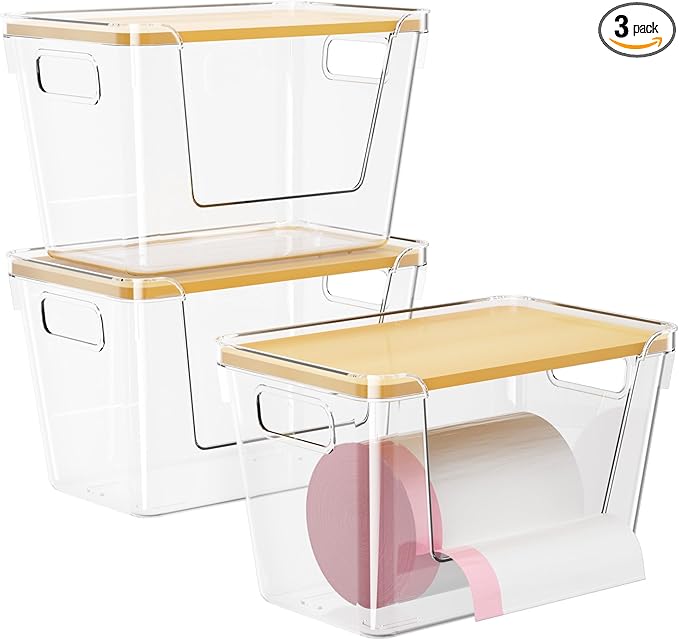 Delamu Acrylic Trash Bag Holder, 3 Pack Stackable Garbage Holder for 4-33 Gallon Bags, Clear Organizer Bins for Under Sink Organization, Pantry Storage, Cabinet, Kitchen, Laundry, Bathroom