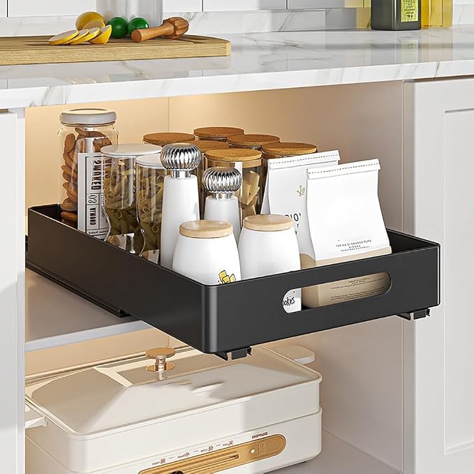 10.2" w x 14.5" d Heavy Duty Pull Out Cabinet Organizer, No Drill Slide Out Drawers with Strong Adhesive Film, Metal Slide Out Shelves for Kitchen Bathroom Pantry Storage, Smooth & Quiet Operation