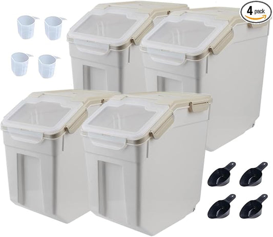Large Flour Storage Container Bin 25lb, 4Pack Airtight Rice Storage Containers with Wheels Seal Locking Lid, BPA Free with Measuring Cup&Scoop for Flour, Rice, Grain(Gray)