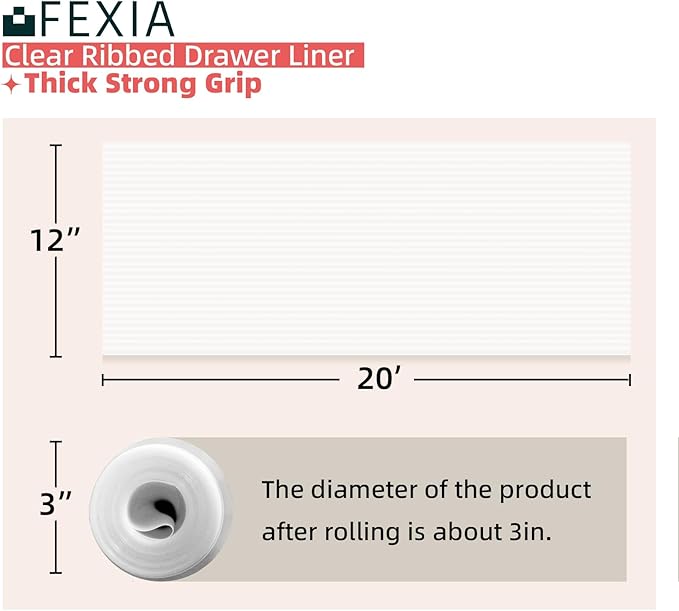 FEXIA Shelf Liner for Kitchen Cabinets Drawer Non Adhesive Non-Slip Liner 12 Inches x 20 FT Waterproof & Oil-Proof Durable Material Fridge Liner for Shelves