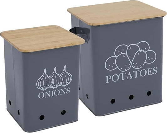 Kitchen Vegetable Storage Tins Set of 2, Onion and Potato Storage Bins with Wooden Lid and Aerating Holes, Garlic Bin Caddy, Vintage Kitchen Decor, Grey