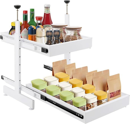 Cabinet Drawers Slide Out, 2 Tiers Expandable Pull out Cabinet Organizer No-Drilling, Slide out Drawers for Kitchen Cabinets Bathrooms, Laundry Rooms, Garages (White)