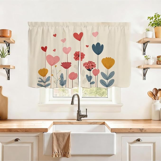 Self Adhesive Floral Heart Cabinet Curtain for Mother's Day, 39x28 Inch Colorful Spring Flower Under Sink Skirt No Drill, Deep Cleaning Kitchen Decor, Hook and Loop Laundry Valance
