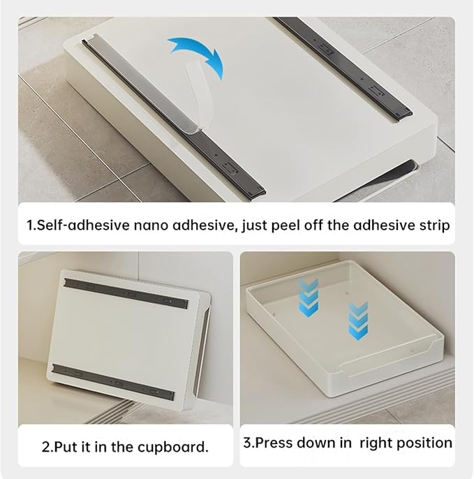 20cm Wide Pull-Out Cabinet Organizer Drawer – Stainless Steel Slide-Out Storage Box, Ultra Adhesive, Drill-Free Install, Extendable Shelf for Kitchen, Pantry or Bathroom, Noiseless