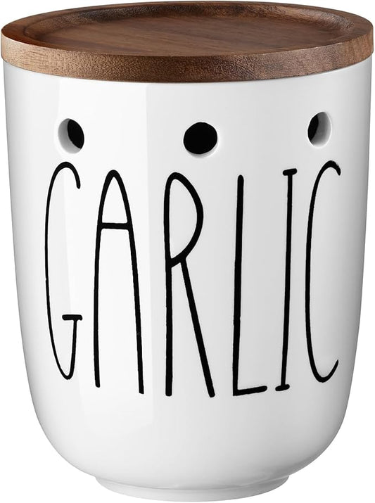 DAYYET Large Garlic Keeper for Counter, Ceramic Garlic Keeper with Acacia Wood Lid, Garlic Holder Storage Container, Garlic Saver for Kitchen, Farmhouse Kitchen Decor and Accesorries, White