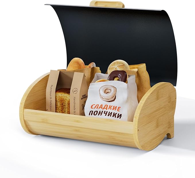 Modern Bread Box for Kitchen Countertop, Bamboo Storage Container with Stainless Steel Lid, Bread Storage Bin for Homemade Bread, Counter Organizer for Snack Tea Coffee Sugar (Black Large)