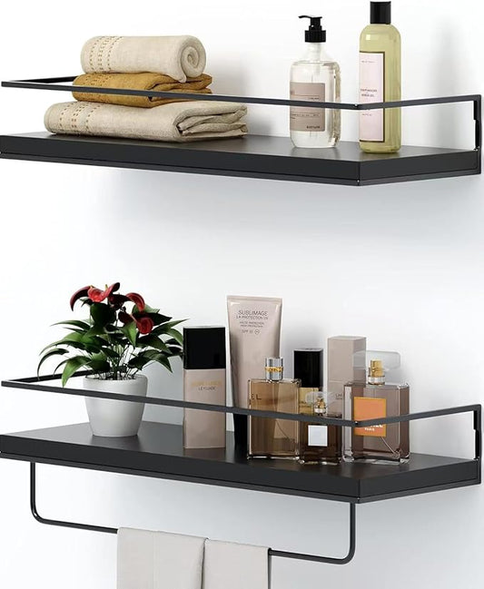 Shario Black Floating Shelves - Set of 2, Wall Mounted Hanging Shelves with Black Towel Rack, Decorative Storage Shelves for Bathroom, Kitchen, Living Room & Bedroom