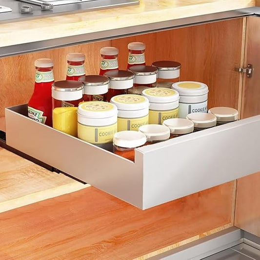 Pull Out Cabinet Slide Out Kitchen Storage Shelf No Drill Pullout Drawers Kitchen Cupboard Space Saving Pull Out Shelves for Home Living Room & Pantry，White 25cm