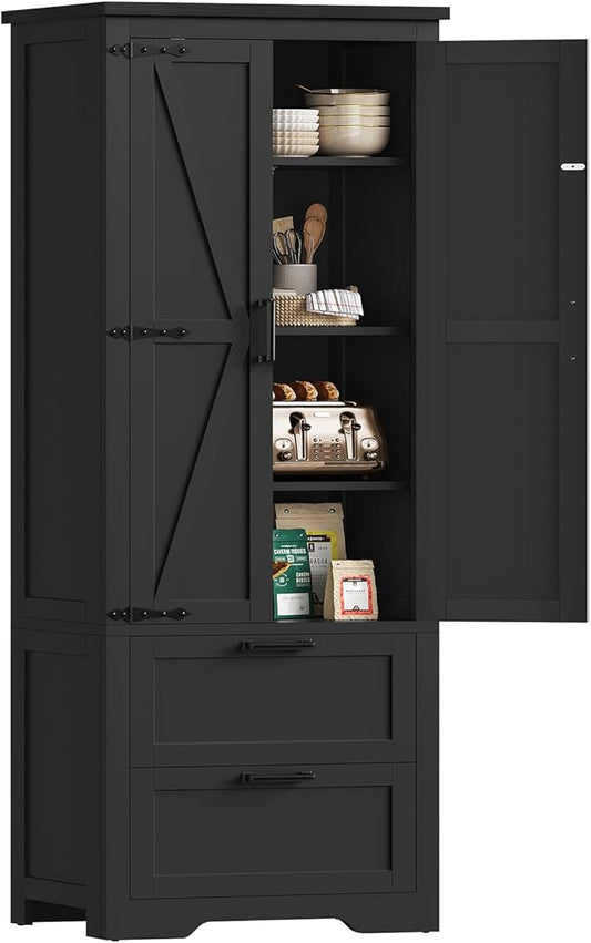 TEENFON 66.1" H Storage Cabinet, Farmhouse Kitchen Pantry Cabinet with 2 Drawers & Adjustable Shelf, Bathroom Cabinet, for Living Room, Kitchen, Bathroom, Black
