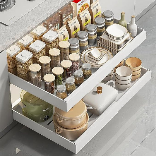 Pull Out Cabinet Organizer 16.54 inch Deep,Expandable Pull out Drawers for Cabinets Adhesive with Film, No Drill Slide Out Drawers for Kitchen Cabinets (Medium-White)