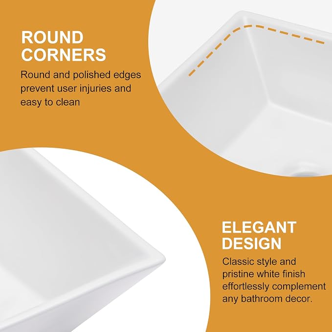 Mocoloo White Vessel Sink 16 x 16 Inch Square Ceramic Bathroom Sinks Above Counter Porcelain Vanity Top Sinks Square Countertop Modern Bathroom Sink 16 Inch Single Art Basin
