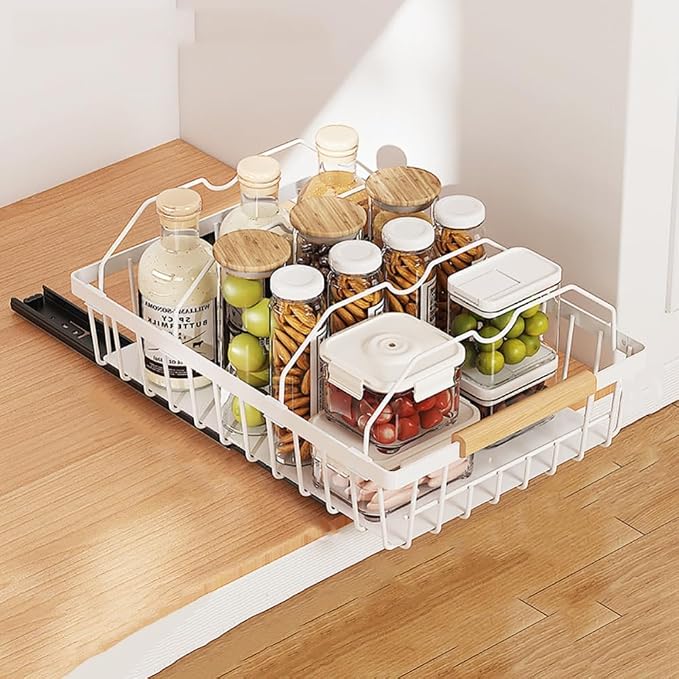 Takywep Pull Out Cabinet Organizer, No Drill Adhesive Pull Out Drawers, Pantry Organizers with 4 Iron Wires & Quiet Rails, Slide Out Cabinet Organizer for Bathroom, Kitchen, Pantry, White