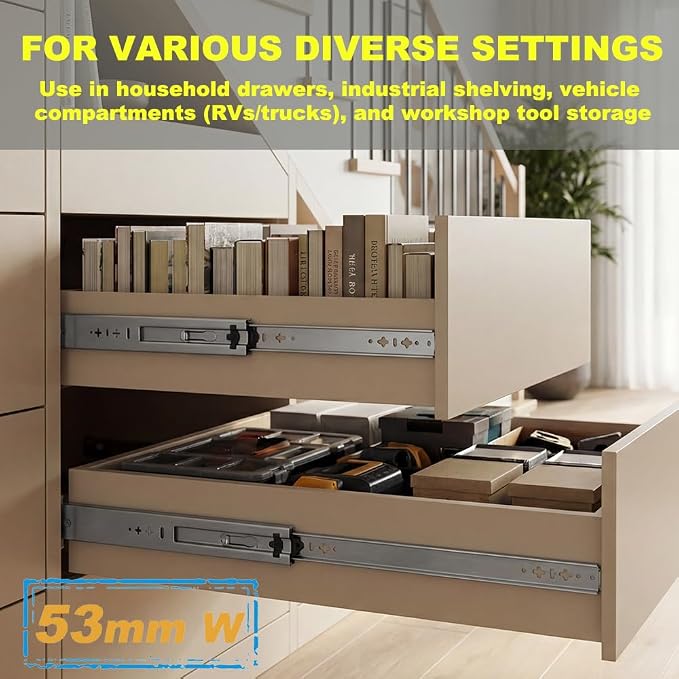 Heavy Duty 22" Drawer Slides, Full Extension Ball Bearing, 300LB | 53MM Width, 3-Section Design, Side Mount, Smooth & Quiet Operation, for Cabinets, Drawers, Workbenches