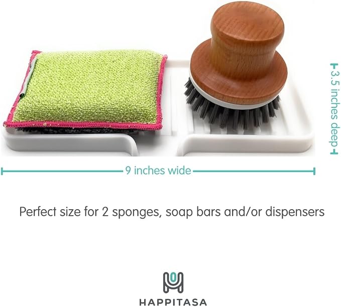 Silicone Soap Dish Tray and Sponge Holder with Drain Chute, Rectangular, Kitchen and Bathroom Sink Organizer (Light Grey, 9"x3.5")