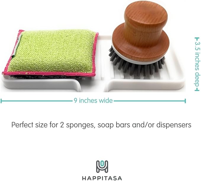 Silicone Soap Dish Tray and Sponge Holder with Drain Chute, Rectangular, Kitchen and Bathroom Sink Organizer (White, 9"x3.5")