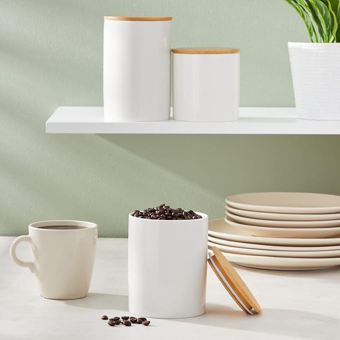 Farmlyn Creek White Ceramic Canisters - Coffee Canisters with Airtight Wood Lids - Countertop Coffee Tea Sugar Container Set - Flour & Sugar Storage Containers - 3 Pack, 4x4x5.9/4x4x4.9/4x4x3.9 in