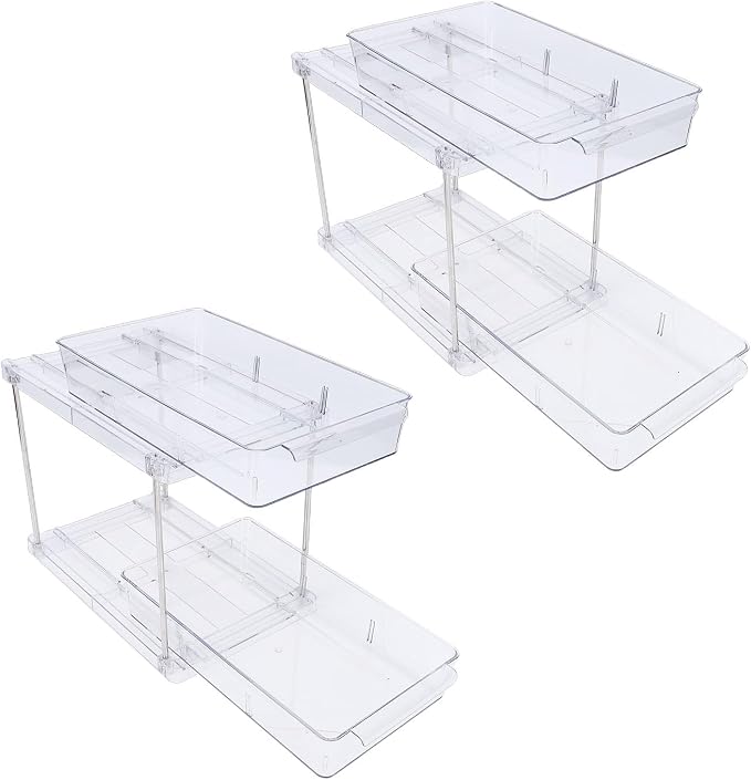Pull Out Cabinet Organizer Drawers, 2 Tier Vertical Sliding Kitchen Rack with Clear Storage Bins for Seasonings, Easy Install No Drill Adhesive Under Counter Bathro