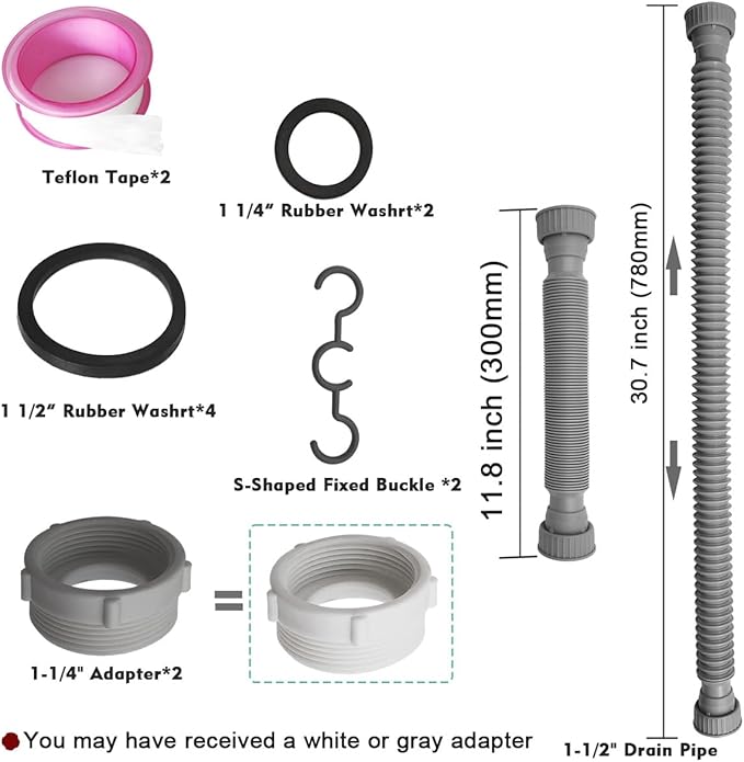 2-Pack Flexible Sink Drain Pipes with P-Trap - With Compatibility for Both 1 1/4" and 1 1/2" Sink Openings, Fit For Kitchen and Bathroom Sink, The Silicone Nut Leak-Proof
