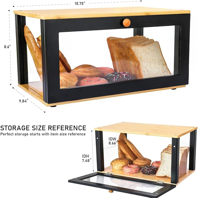 ETMI Bamboo Bread Box for Kitchen Countertop Pastry Display case kitchen Storage (black)