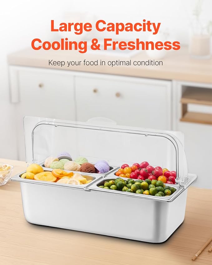 VEVOR Countertop Food Serving Display Container, 4 Pan Stainless Steel Food Serving Tray, Buffet Condiment Dispenser Display Rack with Clear Lid & 3 Freezer Boxes, for Restaurant Hotel Kitchen Party