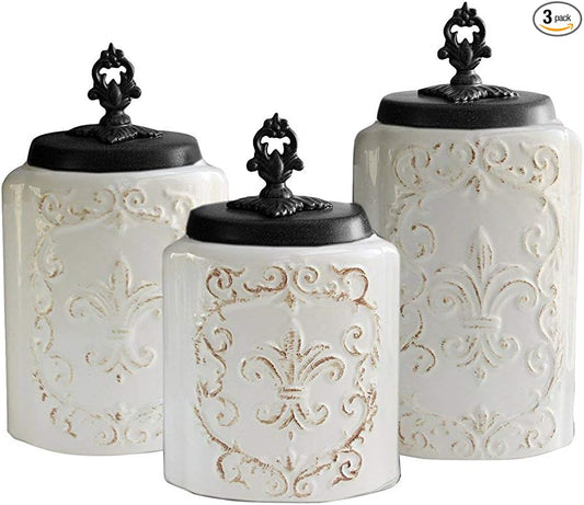American Atelier Fleur de Lis White Canister Set 3-Piece Ceramic Jars in 84.5oz, 74.5oz, & 60oz Designed w/ Airtight Stainless Steel Lids for Cookies, Candy, Coffee, Flour, Sugar, Rice, Pasta, Cereal