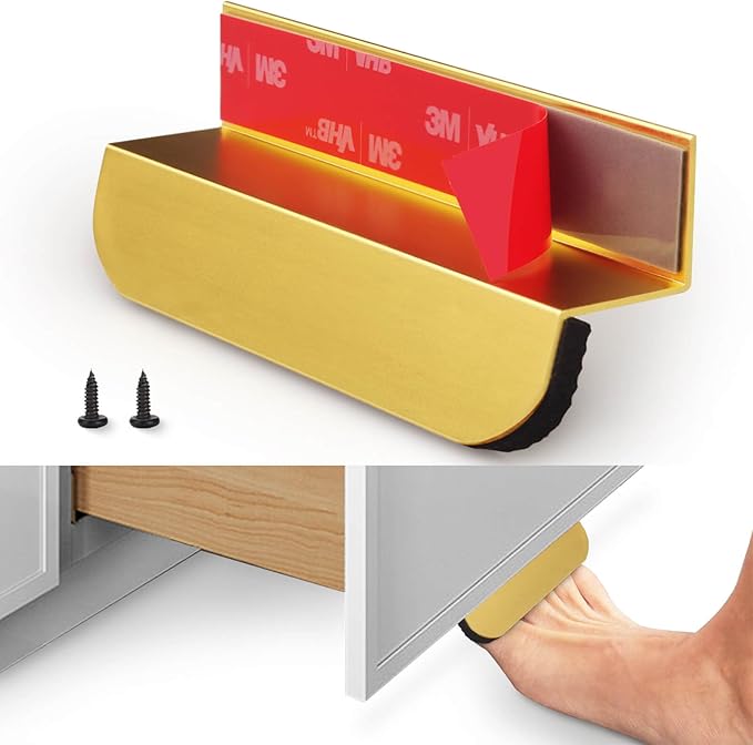 RVPEKUPE 1-Pack Under Cabinet Foot Pull with Adhesive and Screws, Hands Free Toe Foot Pull Opener for Kitchen Trash Cabinet Drawer, 4 Inch (Gold)