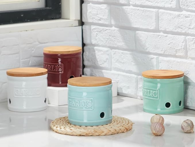 ONEMORE Garlic Keeper for Counter, Garlic Holder Countertop Storage Container, Garlic Saver Keeper with Lid, Ceramic Garlic Jar for Kitchen, Mint Green