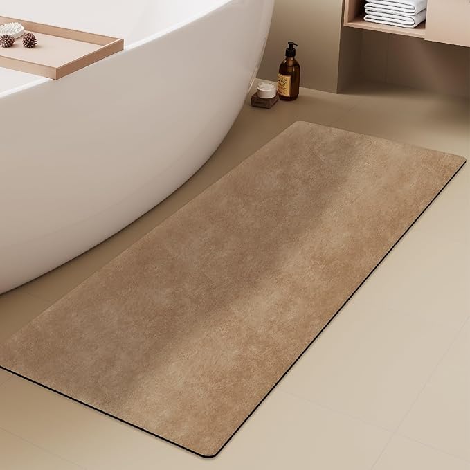 TYUU Bathroom Mat Quick Dry, Bathroom Rugs Non Slip Washable Thin Absorbent Bath Mat Fits Under Door Bathroom Floor Mat Perfect for Bath, Shower, or Sink 24"x70" Camel