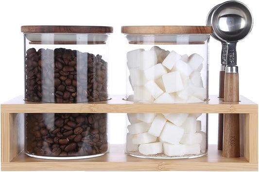 KKC Airtight Loose Leaf Tea Canister Set with 2 Spoons - 25 fl oz Glass Tea Storage Jars with Bamboo Lid and Rack, Elegant Countertop Tea Station Organizer for Matcha, Chai & Herbal Tea