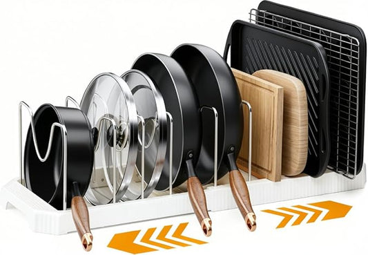 MUDEELA Pots and Pans Organizer under Cabinet, Pot Rack with Expandable Pot Lid Organizers Holder for 10 Adjustable Dividers, Pan Organizers inside Cabinet for Pan Lids, Cutting Boards, Baking Sheets