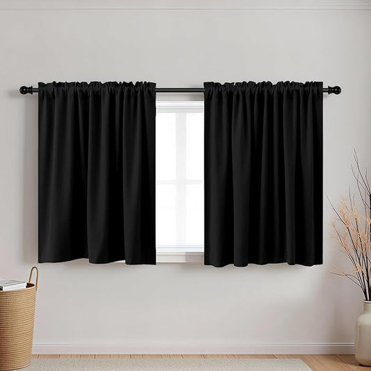 KOUFALL 32 Inch Small Window Curtains, Blackout Thermal Curtains for Kitchen Bathroom, 24W x 32L, Black