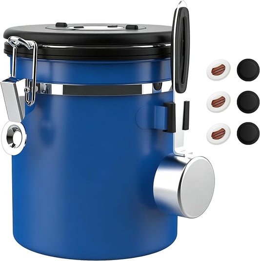 ShanSon Coffee Canister Airtight, Stainless Steel Bean Storage Container with Date Tracker & Scoop, Grounds Sugar Flour Tea Cereal Fits Kitchen Pantry, Ideal Gift for Coffee Lovers,16oz,Blue