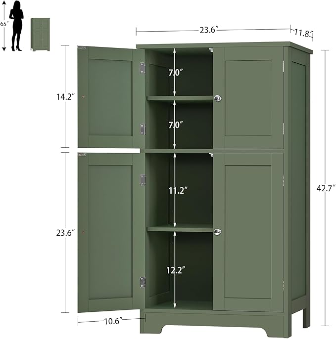 TEENFON Bathroom Storage Cabinet, Bathroom Cabinet with 4 Doors & 2 Adjustable Shelves, Cupboard, Cabinets for Living Room, Entryway, Office, Forest Green