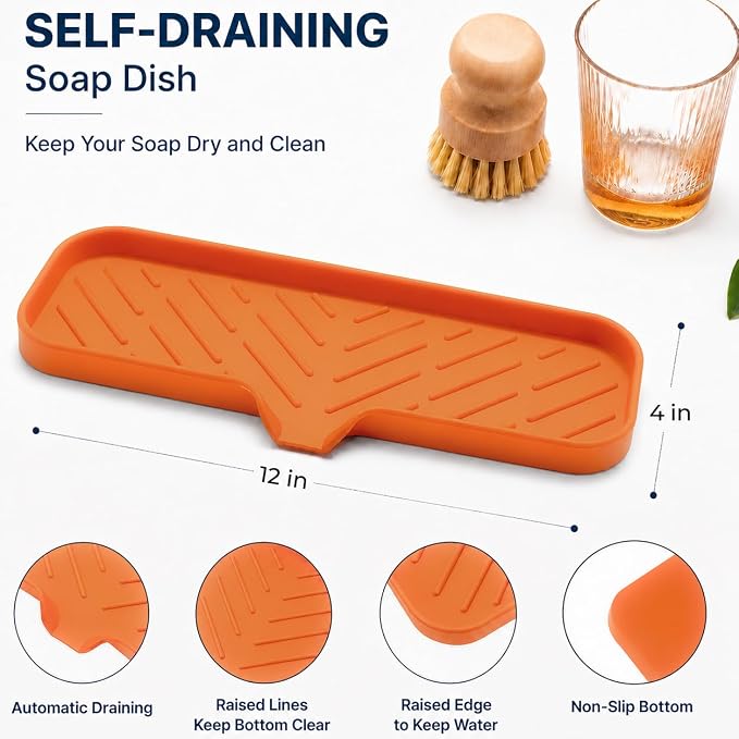 MicoYang Silicone Soap Dish with Drain Spout — Self-Draining Double Sink Organizer Tray for Kitchen & Bathroom, Dispensers, Sponges & Soap Holder, Non-Slip & Dishwasher Safe, Orange (Large, 12"×4")