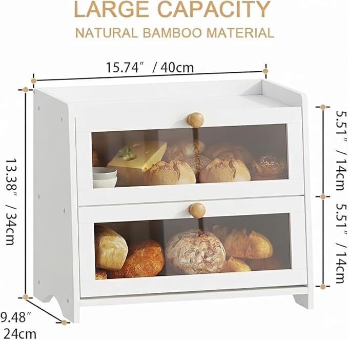 BAMBANG Bread Box for Kitchen Countertop, Extra Large Bamboo Bread Storage Container for Homemade Bread, Double Layer Sourdough Breadox, Bread Bin Organizer for Counter Cabinet Pantry, White