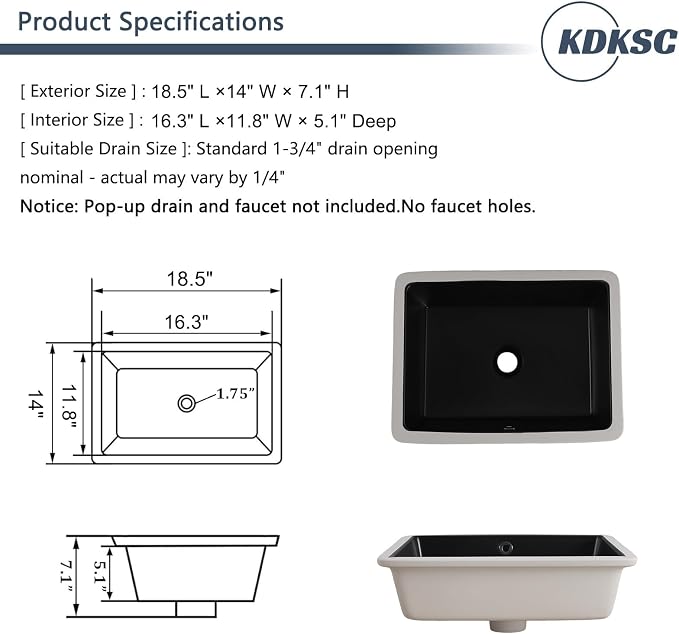 18 Inch Undermount Bathroom Sink Matte Black Rectangular Porcelain Ceramic Vanity Basin with Overflow (18.5"x14.0") KDKSC