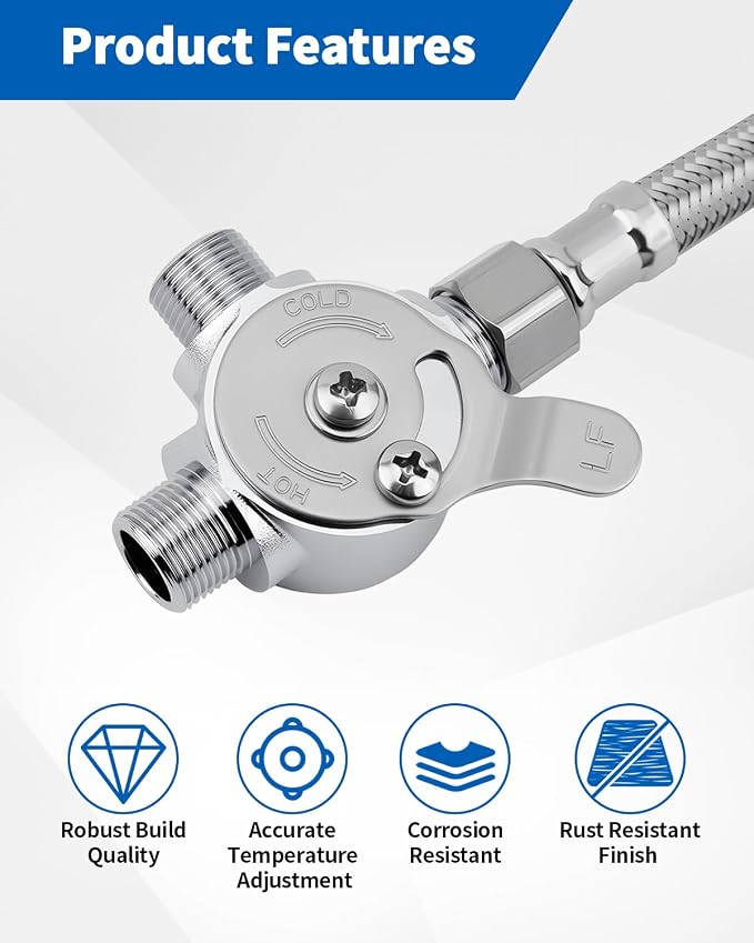 3/8" Manual Mixing Valve Hot Cold Water Temperature, Brass Water Mixing Valve with 2 Braided Faucet Connector, for Home and Bathroom Below Deck to Adjust Water Temperature