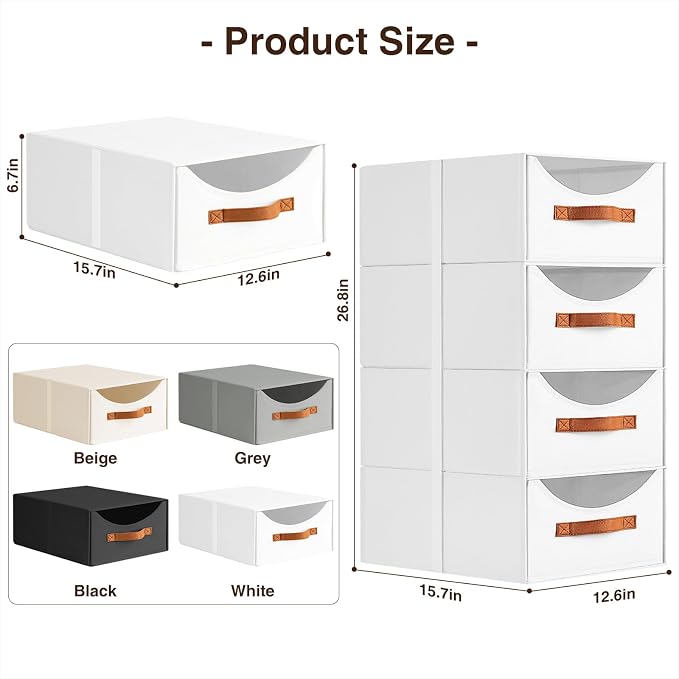 Homsorout Stackable Storage Drawers - Large Collapsible Storage Bins with Drawers, 6 Pack Closet Shelf Organizer Basket, Fabric Pull Out Organizer for Bedroom, Living Room, Dorm, White