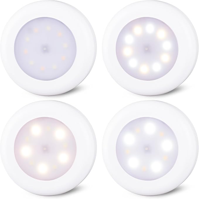 STAR-SPANGLED 4 Pack 3.1” Dimmable Push Tap Lights, Stick on LED Touch Puck Lights AA Battery Operated, 3 Color Modes Sticky Button Lamps for Classroom, Kitchen, Under Cabinet, Closet