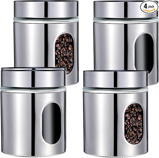 4 Pieces Kitchen Canisters Set 20 oz Stainless Steel Glass Canisters Airtight Coffee Sugar Tea Candy Jars Food Storage Container with Lid for Flour Cookies Spices Grains Kitchen Baking Home Decoration