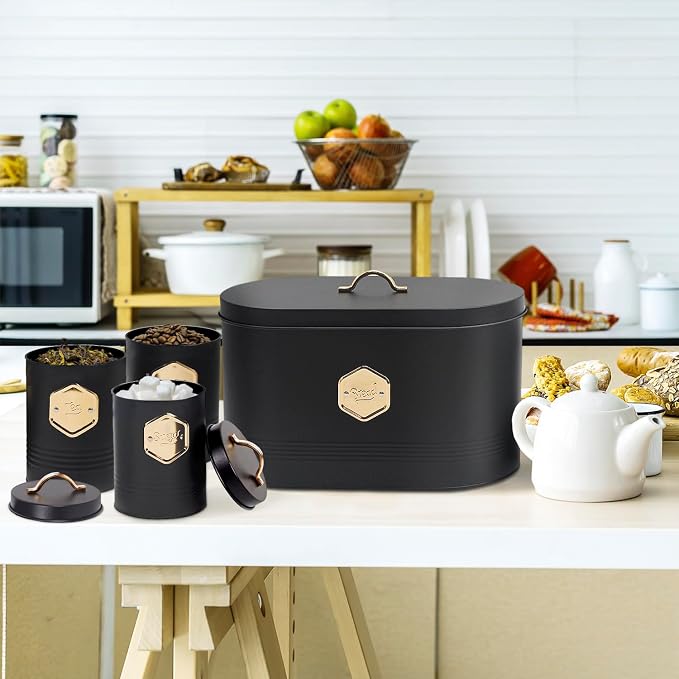 Plexon Bread Box for Kitchen Countertop with 3 Coffee, Tea, Sugar Canisters, Metal 4-Piece Bread Box Set with Lids and Cooper Labels, Black, BBCP4STBK