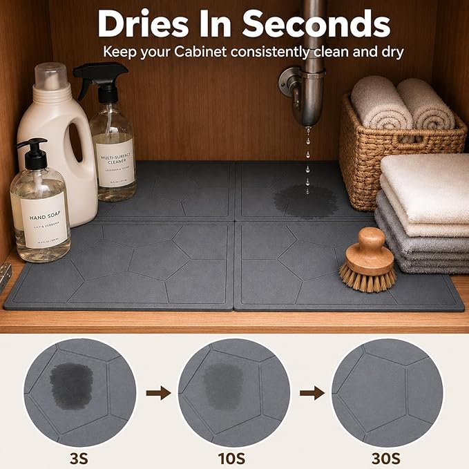 Stone Under Sink Mat,Quick Drying Diatomite Stone Kitchen Cabinet Protector Suitable for 34" x 22", Spliceable Design Super Absorbent Non-Slip Shelf Liner Pad for Bathroom Organizer and Storage