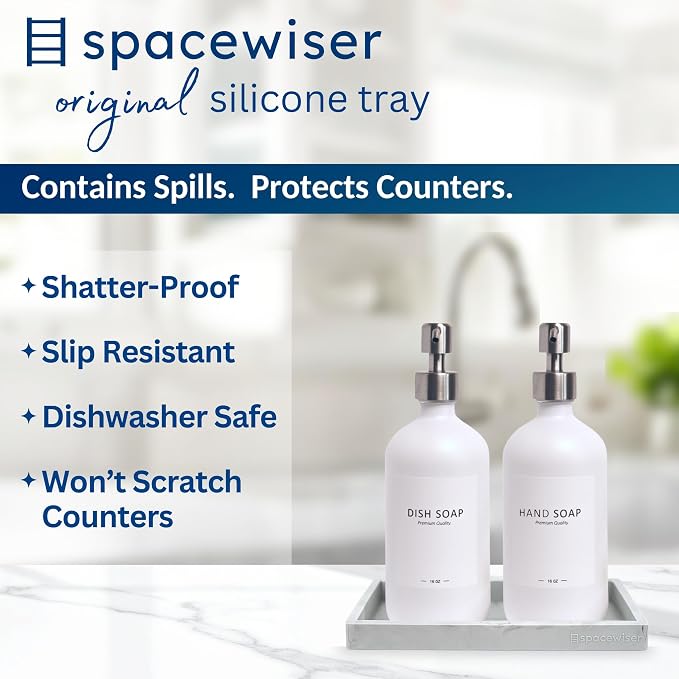 Spacewiser Countertop and Vanity Tray - 2 PC Small 7.7" Silicone Bathroom Trays, Kitchen Soap Tray, Dish Sponge Soap Holder Kitchen Sink Organizer Caddy, Bathroom Counter Trays for Lotion Dispenser