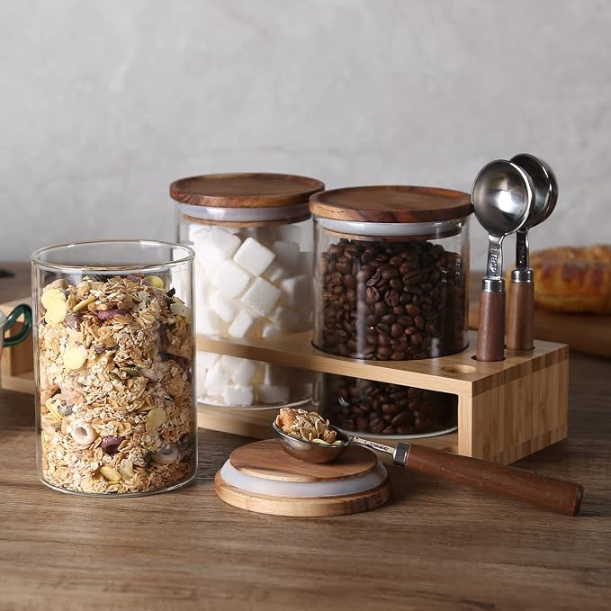 KKC Airtight Loose Leaf Tea Canister Set with 3 Wooden Handle 1 TBSP Spoons - 3 Pack 25 oz Glass Tea Storage Jars with Bamboo Lid and Rack, Elegant Countertop Tea Station Organizer for Matcha & Chai