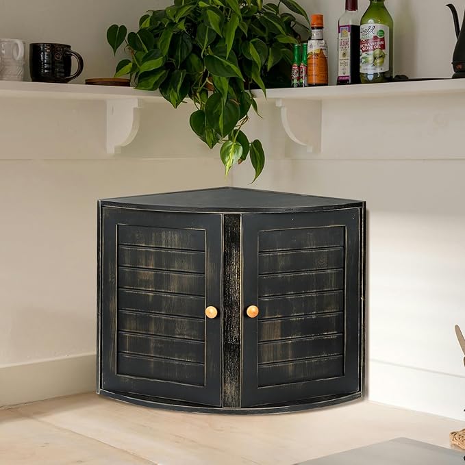 HOMEKOKO Double Layers Bamboo Corner Bread Box for Kitchen Counter, Vintage Wooden Large Capacity Bamboo Bread Food Storage Bin (Vintage Black)