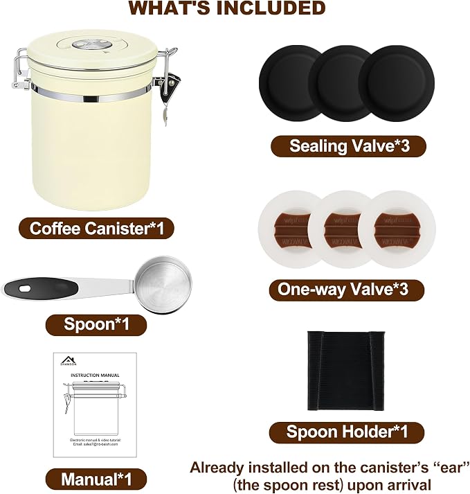 ShanSon Coffee Canister Airtight, Stainless Steel Bean Storage Container with Date Tracker & Scoop, Grounds Sugar Flour Tea Cereal Fits Kitchen Pantry, Ideal Gift for Coffee Lovers,22oz,Beige