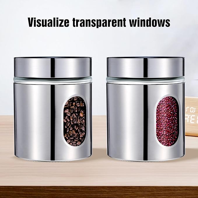 4 Pieces Kitchen Canisters Set 20 oz Stainless Steel Glass Canisters Airtight Coffee Sugar Tea Candy Jars Food Storage Container with Lid for Flour Cookies Spices Grains Kitchen Baking Home Decoration