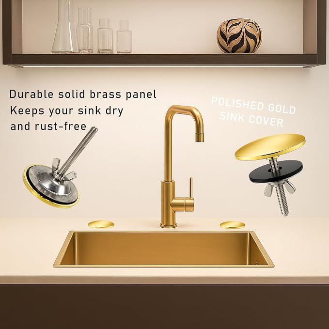 2 Pcs Solid Brass Kitchen Sink Hole Cover, 2 Inch Faucet Hole Cover, Polished Gold Finish Tap Hole Plate Stopper Cover, Countertop Hole Cover for Kitchen and Bathroom Sinks (Polished Gold)