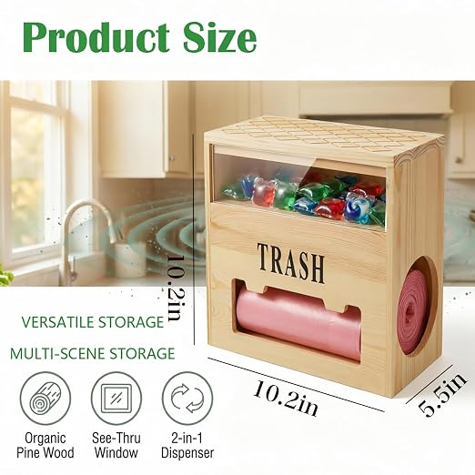 2-in-1 Trash Bag Dispenser & Dishwasher Laundry Pods Container, Large Wooden Trash Bag Holder with Magnetic Flip Lids, Garbage Bag Dispenser for Kitchen Pantry Laundry Room Under Sink Organizer
